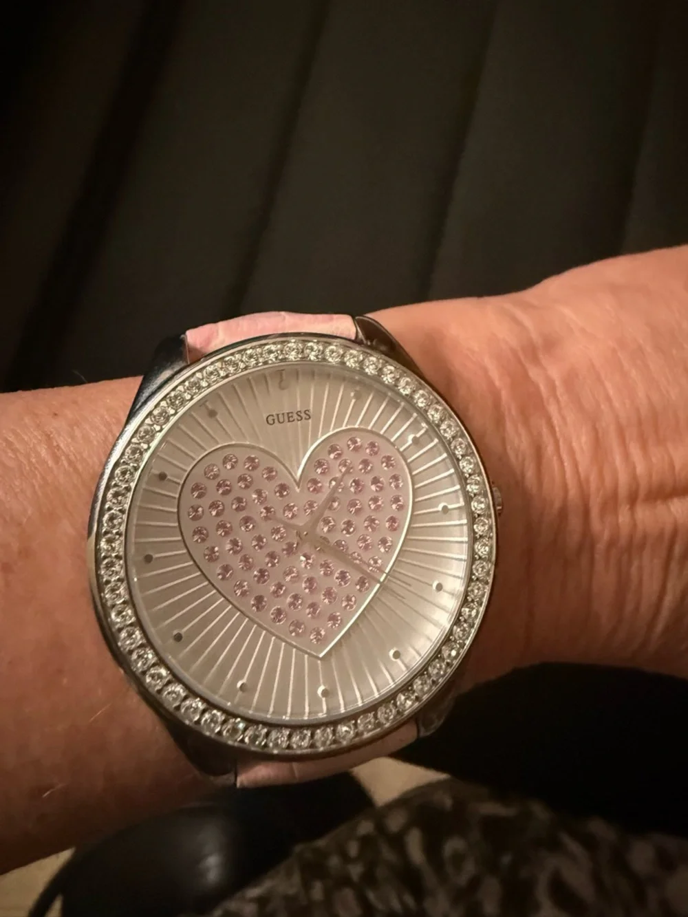 GUESS Women's Large Faced Heart Gemmed Pink Leather Band Stainless Steel Quartz